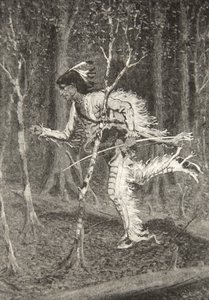 Door struikgewas en bos, rende de sluwe Pau-Puk-Keewis, uit The Song of Hiawatha door Henry Wadsworth Longfellow, gepubliceerd door George G. Harrap und Company Ltd., 1911